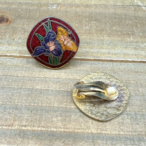 vintage cloisonné iris flower clip on earrings multi color pink purple and black - Picture 4 of 6